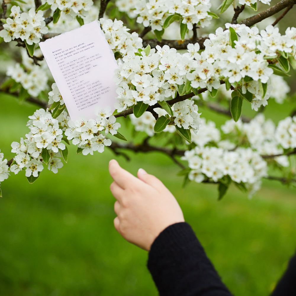 Hand greift nach Gedichtkarte